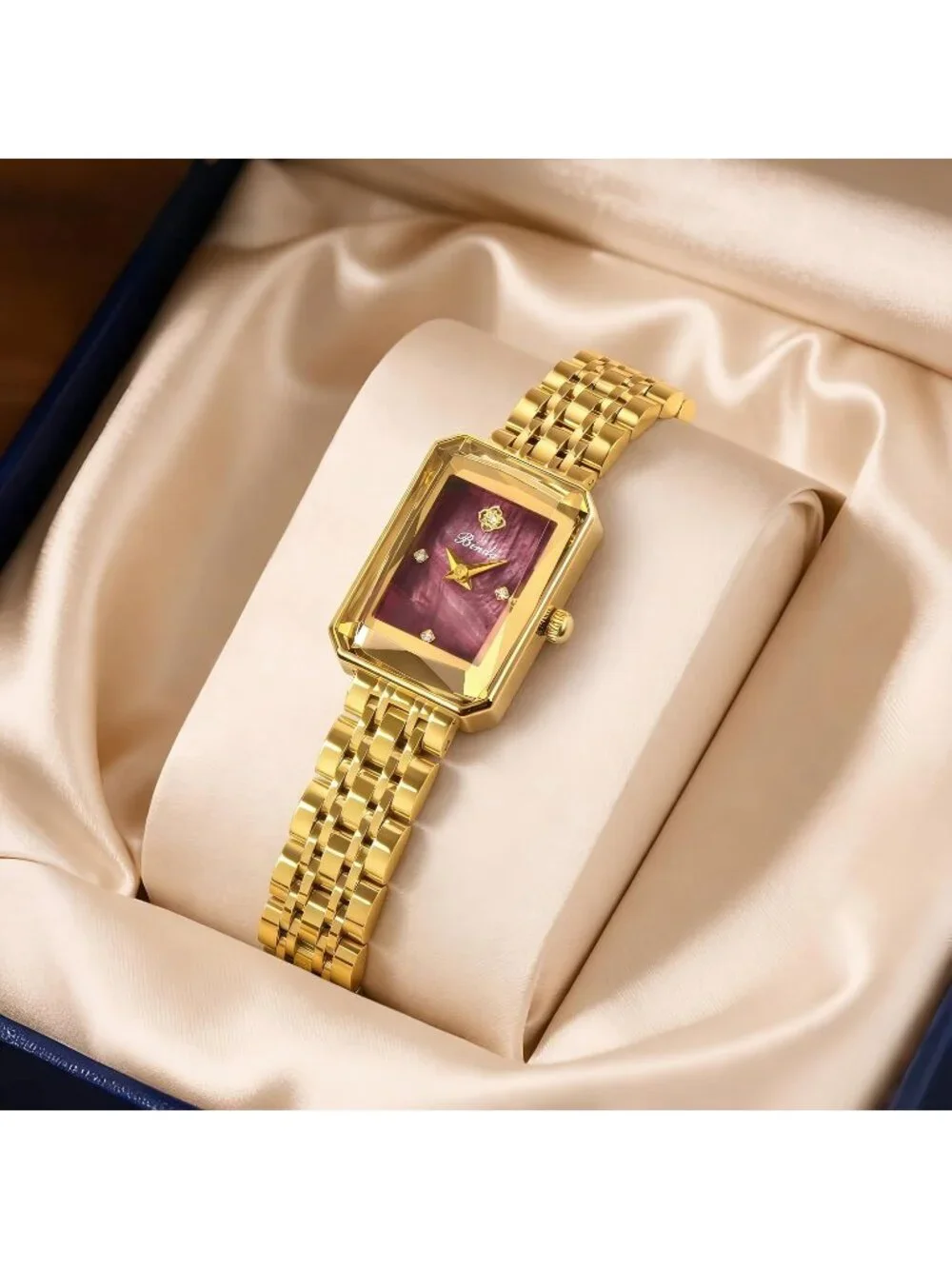 Women's Gold Burgundy Vintage Rectangular Case Stainless Steel Band Wrist Watch